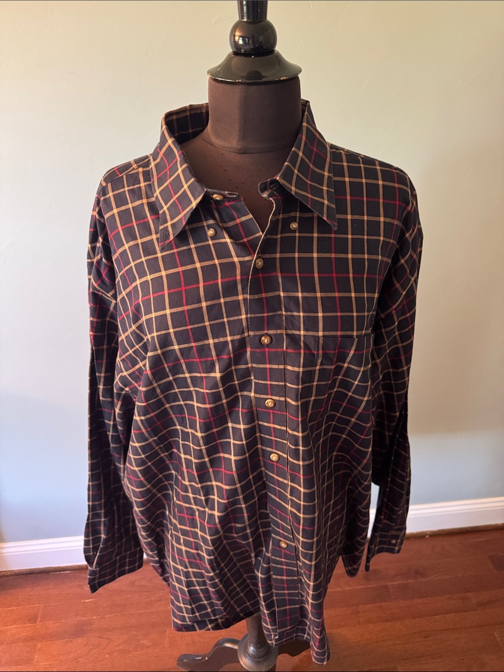 Brooks Brothers Black Plaid Button-Down Shirt with Tan & Red Windowpane